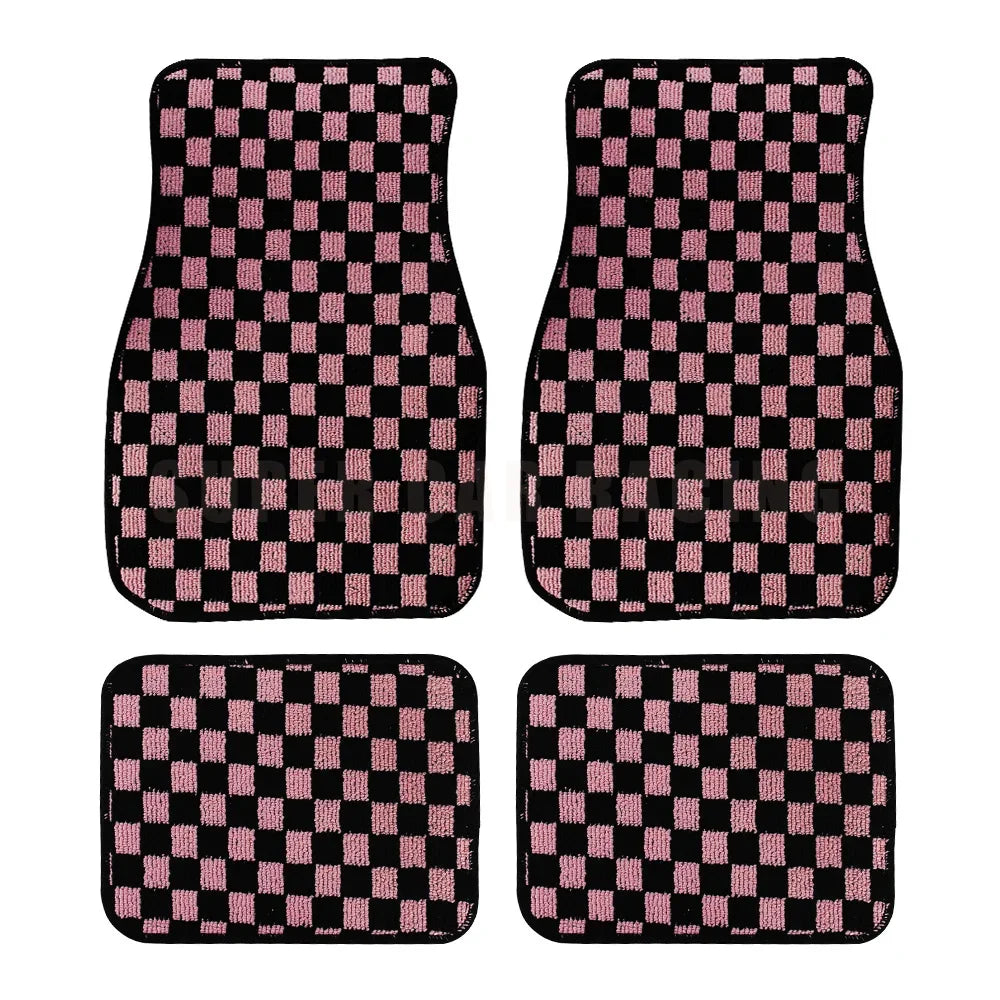 4PCS Checkered Floor Mats – Universal Fit Car Interior Upgrade